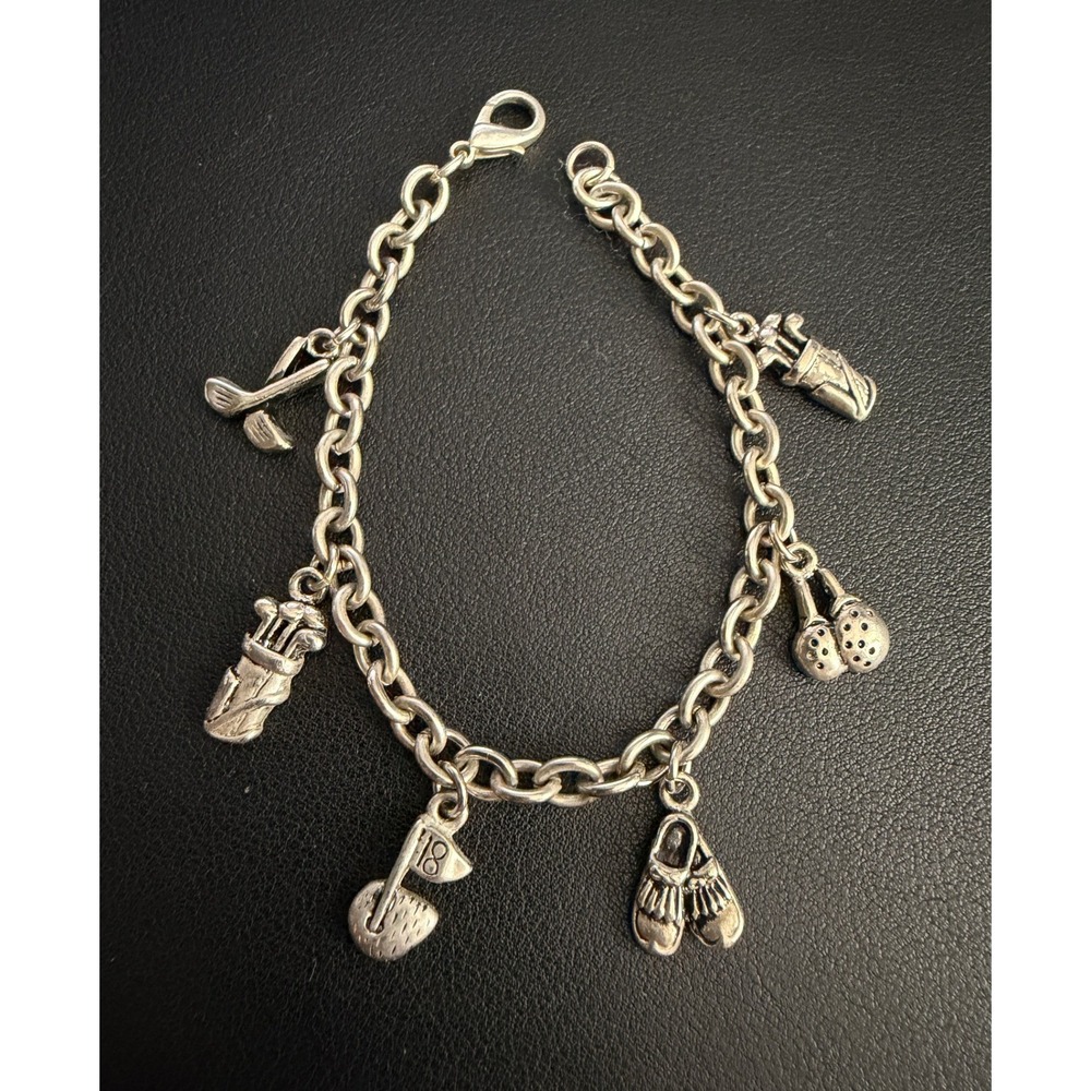 Vintage Golf Charm Bracelet Silver Tone Bag Club Shoe 18th Hole Sports